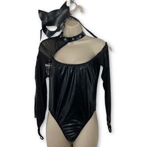 Yandy NEW Bad Kitty Black Sheer Mesh Costume Shiny Mask Tail Bodysuit SZ M/L